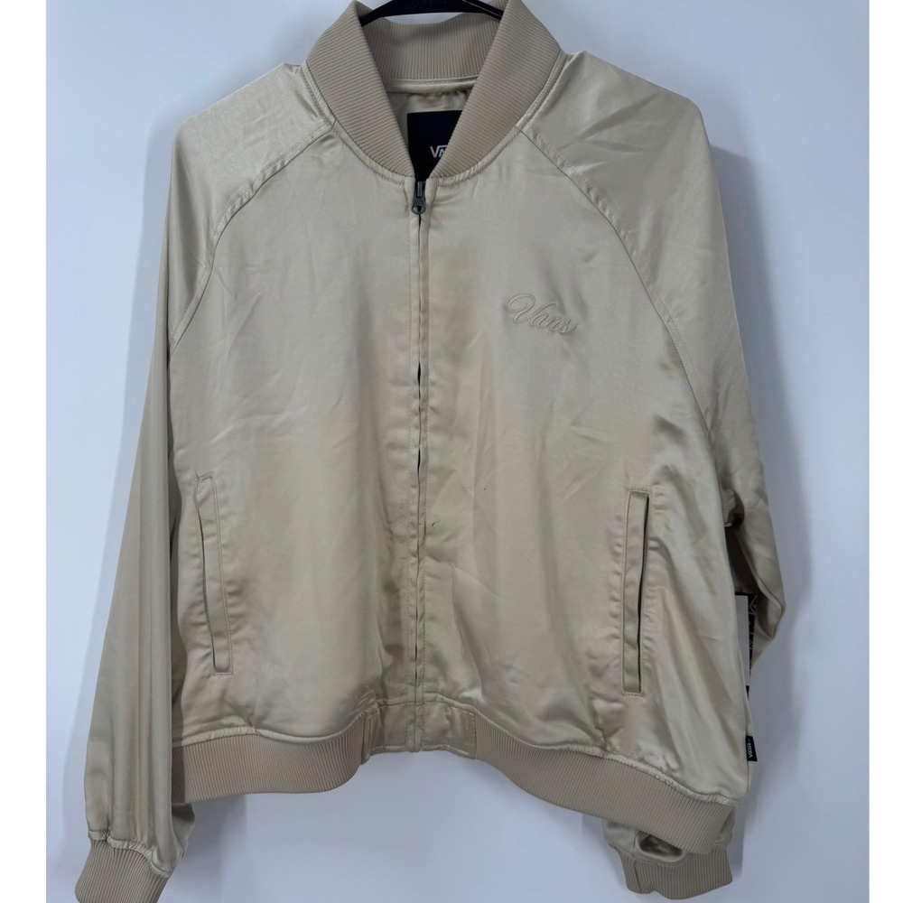 Vans Womens Satin Bomber Jacket Champagne Gold Zip Up Embroidered Logo XL